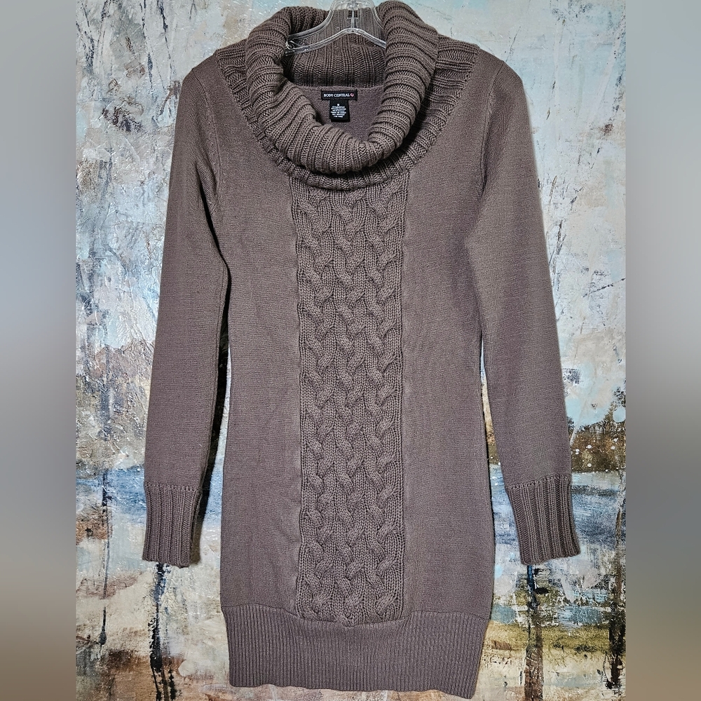 VTG Y2K Body Central Cable Knit Cowl Neck Sweater Dress Taupe/Brown Sz S
